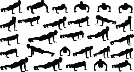Push‑up exercise silhouettes, bodyweight workout poses, fitness training icon set, vector illustration, gym art, calisthenics design, strength graphic, athletic movement, sport icon