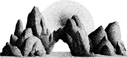 Stippling dotwork illustration of majestic canyon arches and rocky landscape