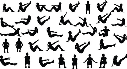 Seated and reclined exercise silhouettes, stretching workout poses, fitness training icon set, vector illustration, gym art, flexibility design, athletic movement, sport graphic