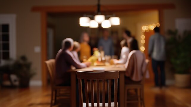 A group gathers around a dining table with an empty chair, warmly welcoming a newcomer. Soft chandelier light, visible food, and warm decor create a scene of acceptance and belonging.