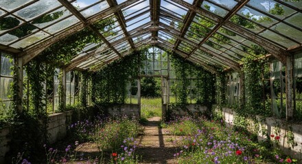 Interior view of an old, overgrown greenhouse filled with plants and flowers, bathed in natural sunlight