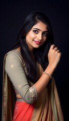 Fototapeta premium Portrait of a smiling woman with long black hair wearing a red sari and gold jewelry indoors
