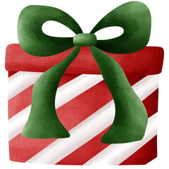 A festive watercolor illustration of a gift box with red and white stripes, elegantly tied with a lush green bow. Perfect for Christmas themes, holiday gifts, and celebratory designs.