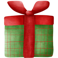 A charming watercolor illustration of a square Christmas gift wrapped in green plaid paper and tied with a vibrant red bow. The hand-painted style gives it a warm and festive feel.