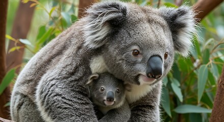 Obraz premium Affectionate Koala Mother Embracing Her Baby in Eucalyptus Forest.