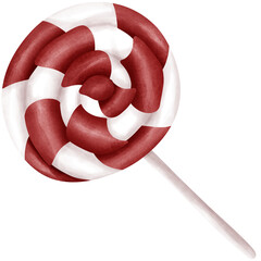 A delightful watercolor illustration of a classic spiral lollipop with red and white stripes. The hand-painted style adds a cheerful and festive touch.
