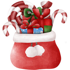 A festive illustration of Santa's red bag, overflowing with colorful Christmas gifts and classic candy canes. The artwork is created in a charming, hand-painted watercolor style.