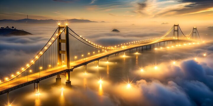 A breathtaking view of a bridge illuminated by golden lights, piercing through a sea of fog at sunset, creating a mesmerizing landscape and an iconic travel destination - Powered by Adobe