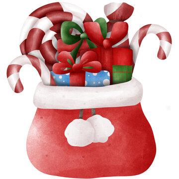 A festive illustration of Santa's red bag, overflowing with colorful Christmas gifts and classic candy canes. The artwork is created in a charming, hand-painted watercolor style.