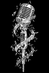 Naklejka premium Vintage microphone surrounded by musical notes (2)