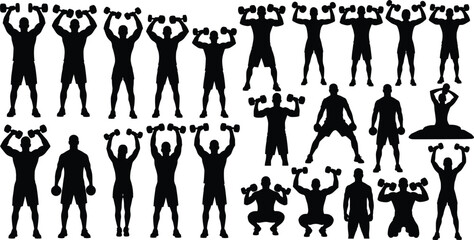 Silhouettes of People Lifting Dumbbells, Strength Training and Workout Poses, Gym Fitness Exercise Vector Illustration for Health and Muscle