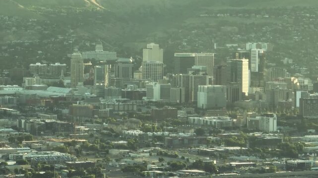Salt Lake City downtown skyline, Utah, USA, aerial drone view at sunset