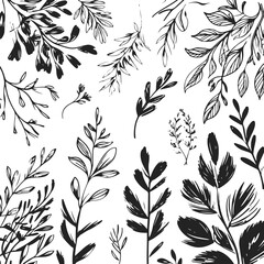 Flower brush hand drawn vector set, doodle style floral leaves and petals, black ink brush strokes, abstract botanical silhouettes, minimal clean white background, vector illustration 2