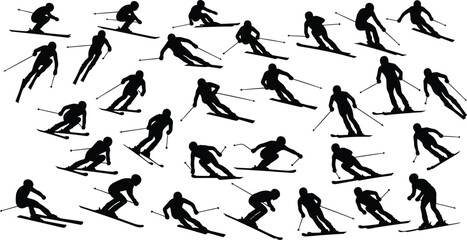 Silhouettes of Skiers in Action, Downhill and Slalom Skiing Poses, Winter Sport Motion, Snow Adventure, Alpine Speed Techniques