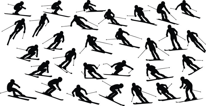 Silhouettes of Skiers in Action, Downhill and Slalom Skiing Poses, Winter Sport Motion, Snow Adventure, Alpine Speed Techniques