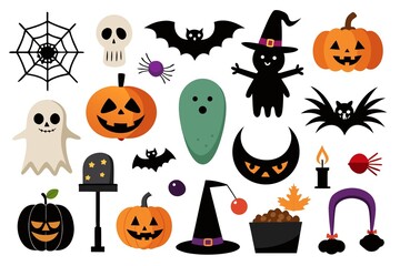 Halloween icons and symbols set featuring pumpkins, ghosts, bats, witches, spiders, and skulls, isolated on white background