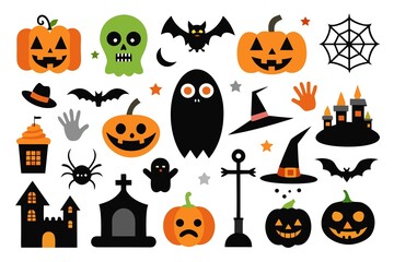 Fototapeta premium Assortment of halloween elements like pumpkins, ghosts, bats, skulls, witches hats, haunted houses, and spiders, isolated on white background