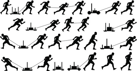 Sled Push and Pull Workout Silhouettes – Athletic Man Strength Training with Resistance Sleds, Sprinting, Conditioning Exercise Vector