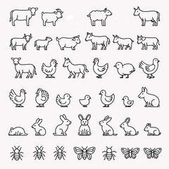 Collection of hand drawn farm animals and insects including sheep pigs cows chickens rabbits and butterflies