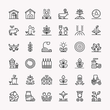 Collection of simple line art icons representing agriculture farming and rural life elements