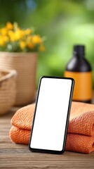 Blank Smartphone Screen Mockup on Orange Towels Outdoors