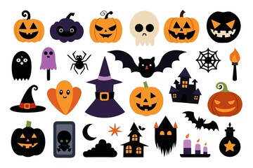 Assortment of halloween symbols like pumpkins, ghosts, bats, witch hat, skull, and spiderweb, isolated on white background