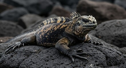 Galapagos Marine Iguana Majestic Reptile on Volcanic Rock Striking CloseUp.