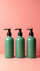 Green Pump Dispenser Bottles on Pink Background &ndash; Cosmetic & Skincare Packaging Mockup