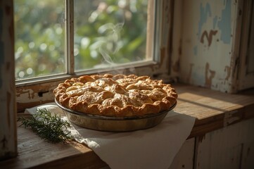 Rustic apple pie cooling windowsill autumn