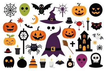 Collection of halloween icons and illustrations including pumpkins, ghosts, bats, witches, spiders, and haunted houses on a white background