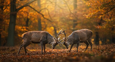 Golden Hour Rut Two Red Deer Stags Lock Antlers in a Fiery Autumn Forest.
