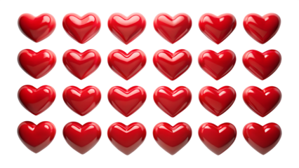 Twenty-four glossy red hearts arranged in a grid; romantic, Valentine's Day, love concept.