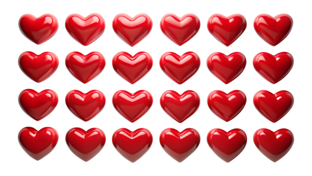 Twenty-four glossy red hearts arranged in a grid; romantic, Valentine's Day, love concept.