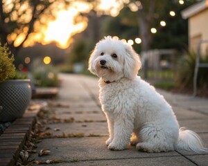Happy white puppy dog sitting in the park and on the street looking cute and adorable