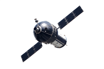 Dark spacecraft with solar panels isolated on a transparent background satellite