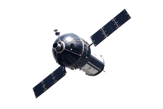 Dark spacecraft with solar panels isolated on a transparent background satellite