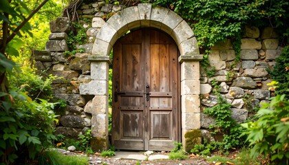 Fototapeta premium Ancient Stone Archway with Weathered Wooden Double Doors in Lush Greenery.