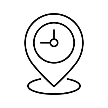 Map pin with a clock line icon. Local time, delivery and scheduling concept. Meeting place, event planning and real-time tracking. Place and time symbol. Location pointer sign. Vector illustration. 
