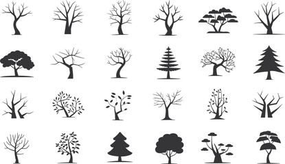 Tree silhouette icons collection, vector trees set, minimal tree graphics, isolated nature symbols, winter forest elements, seasonal tree illustrations