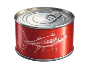  “Closed Tuna Can with Minimalist red Packaging Design, isolated on transparent background”.