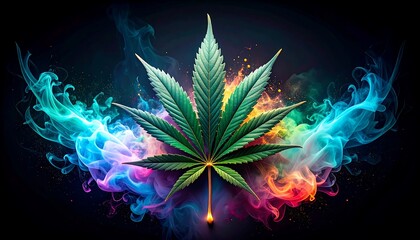 Cannabis leaf art with vibrant smoke creating a dynamic and psychedelic effect
