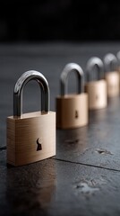 Fototapeta premium Brass Padlocks in a Row on Dark Surface
