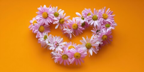 The Heart Shape Created by Beautiful Pink Daisies on an Orange Background