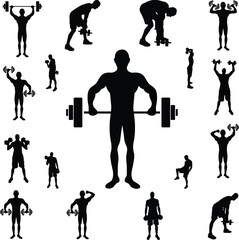 Gym Workout Silhouette Set Weightlifting and Bodybuilding Vector