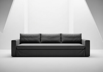A dark gray, linen-looking sofa is centrally positioned in a minimalist, white room