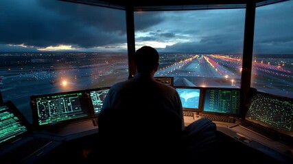 In the control tower, an air traffic controller monitors the glowing runways as planes prepare for landing. The atmospheric evening sky adds a dramatic backdrop to the scene.