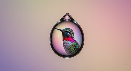 Jeweled Hummingbird Portrait Refracted in a Pristine Water Droplet on a Pastel Gradient.