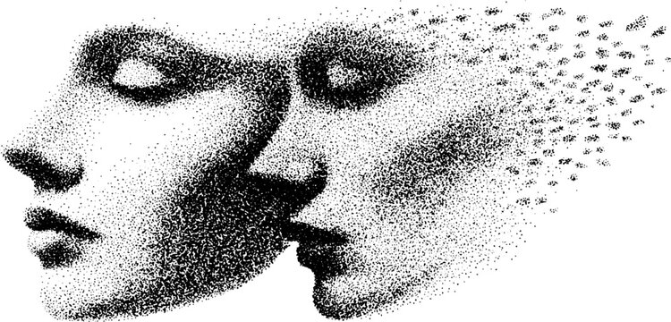 Surreal double face stipple art with dotwork halftone effect