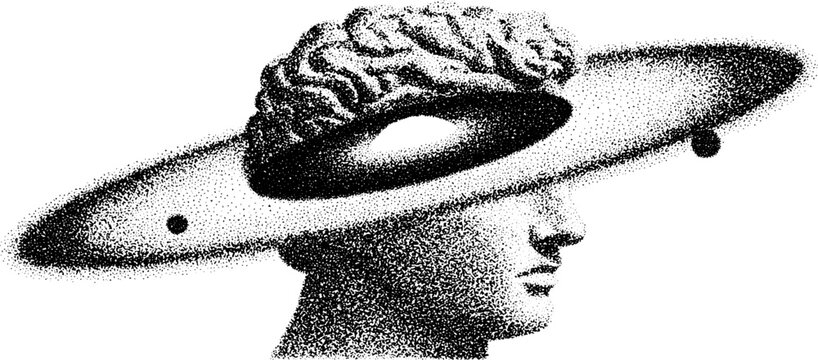 Surreal galaxy and human connection: stipple art of brain and planetary rings