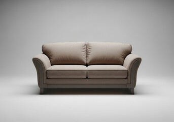 A light beige or taupe colored, classic,  two-seat sofa is centered in the image